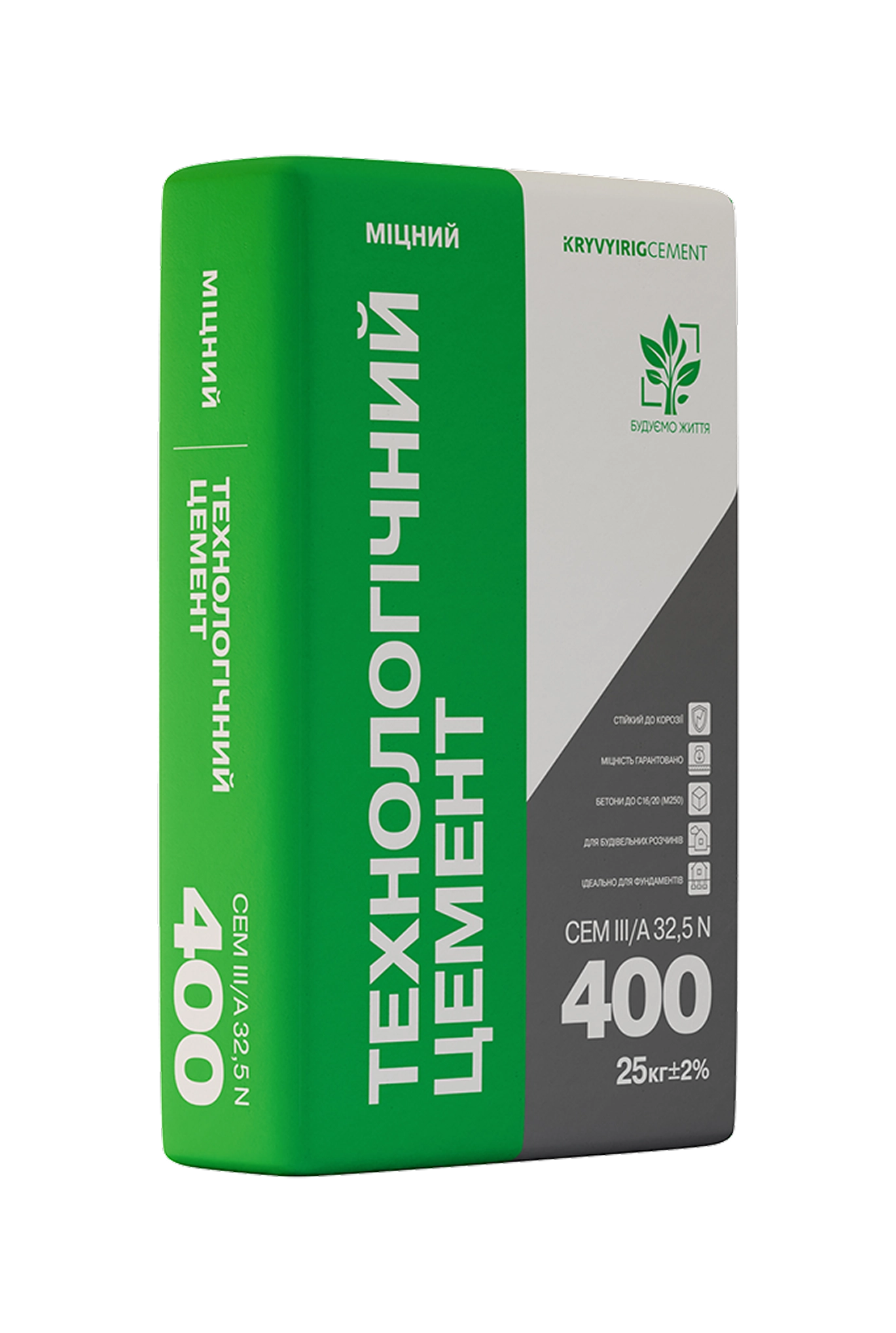 Bag of 25 kg technological cement CEM III/A 32.5 N with green, gray, and white packaging by Kryvyi Rig Cement.