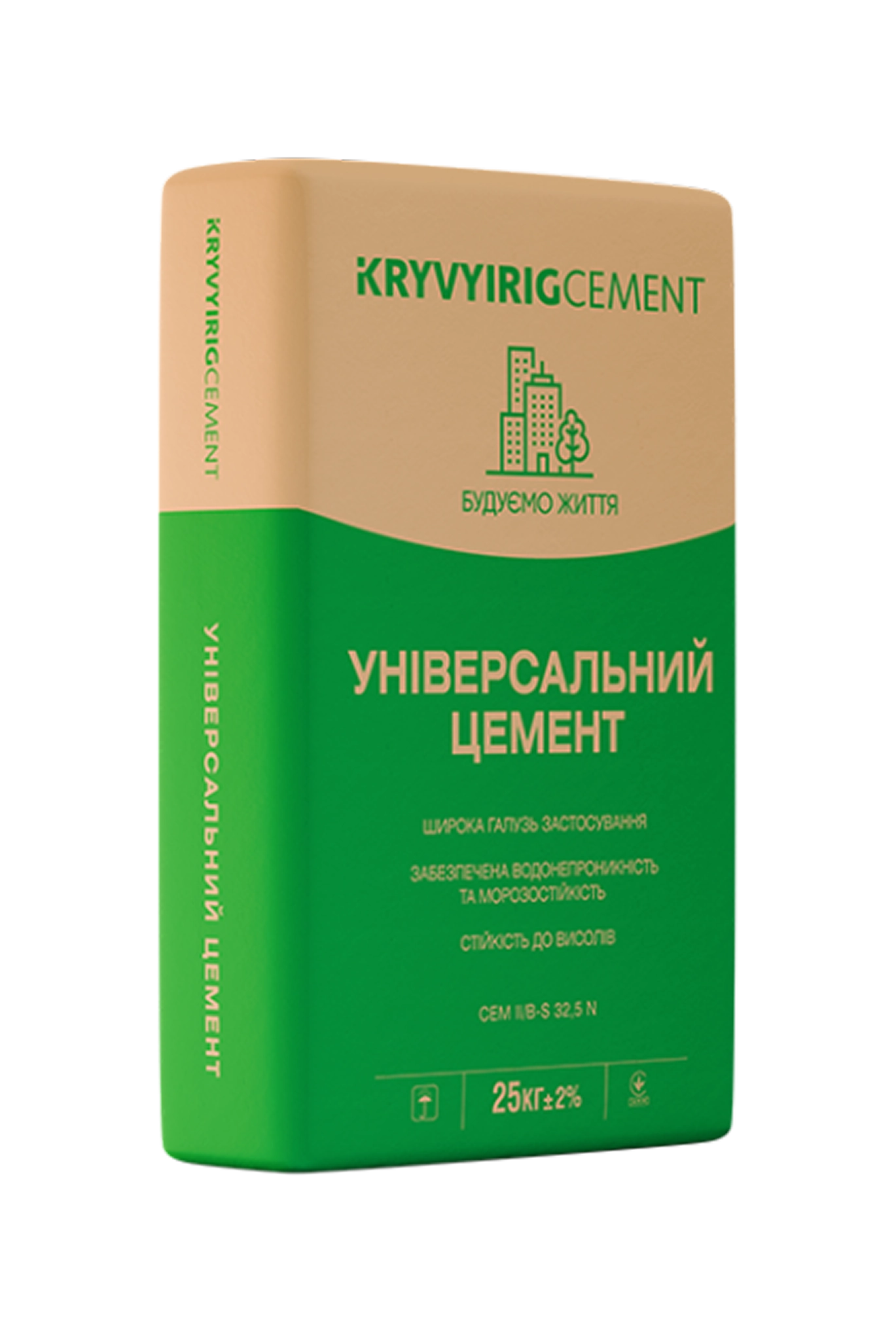 Bag of Kryvyi Rih universal cement with green and beige packaging, showing product details and 25 kg weight.